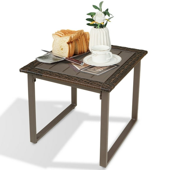 Outdoor Wicker Outdoor Side End Table for Patio - Patio Decor, Outdoor Patio Furniture Small Square Rattan Coffee Table, Brown