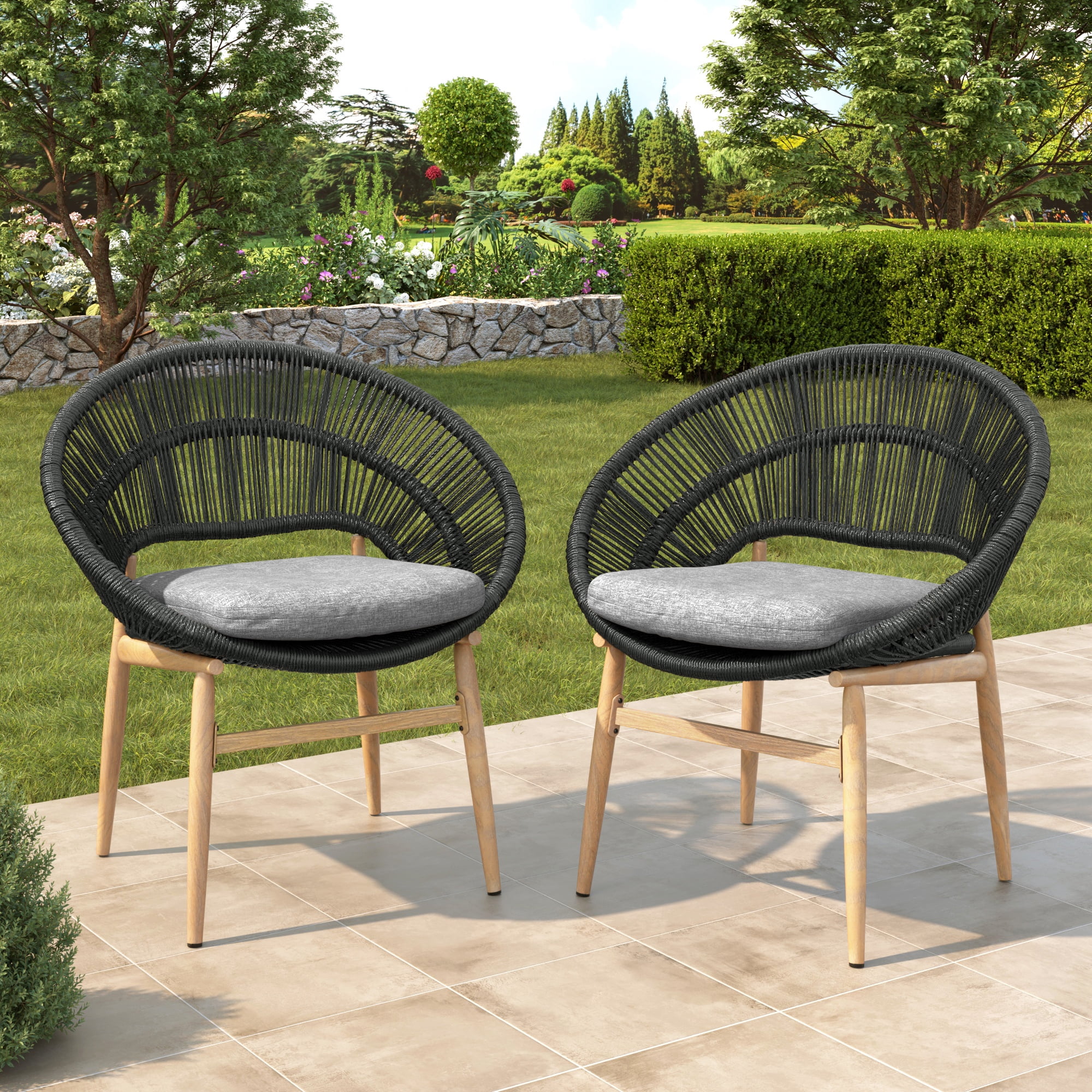 Outdoor Wicker Papasan Style Dining Chair for Patio Garden, Dark Gray
