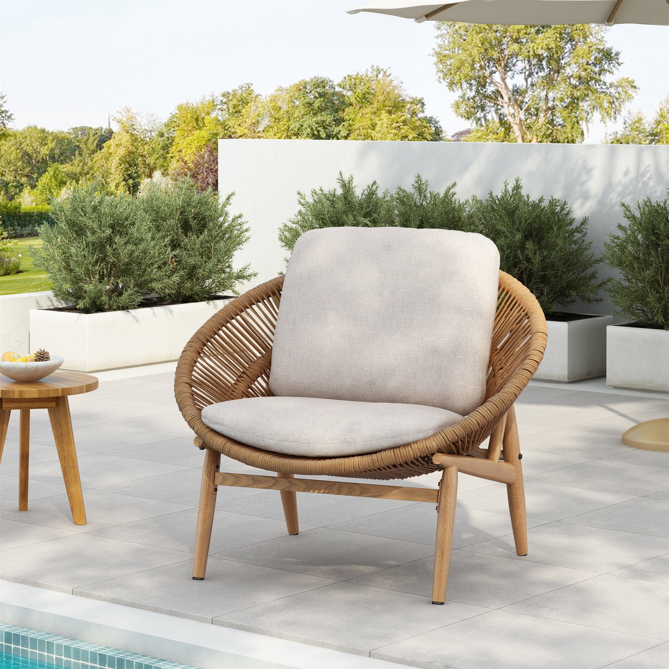 Outdoor Wicker Papasan Style Lounge Chair Light Brown Wicker with Beige Cushion for Patio, Light Brown