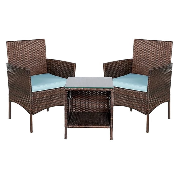 Outdoor Wicker Patio Conversation 3 Piece Bistro Set Garden Yard Porch Furniture Space Saving Rattan Two Chairs Cushions Side Storage Tempered Glass Table Brown 3pc Set