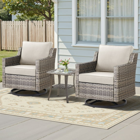 Outdoor Wicker Patio Furniture Sets of 3 with Swivel Rocking Chairs and Side Table, Beige Cushions