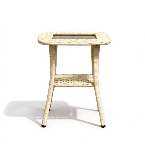 Outdoor Wicker Patio Side Table Tempered Glass Top 2-Tier Patio End Table Storage Shelf All-Weather PE Rattan Small Patio Table Balcony Backyard Garden Porch