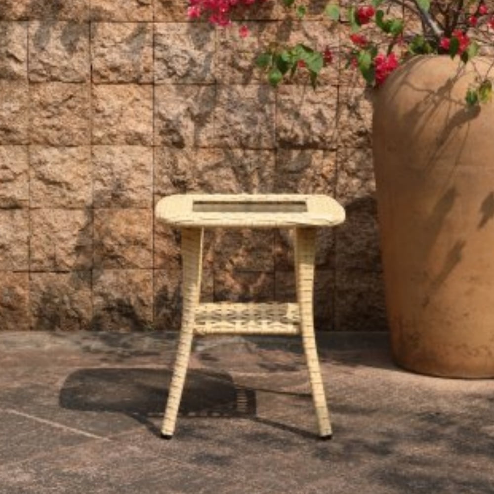 Outdoor Wicker Patio Side Table Tempered Glass Top 2-Tier Patio End Table Storage Shelf All-Weather PE Rattan Small Patio Table Balcony Backyard Garden Porch