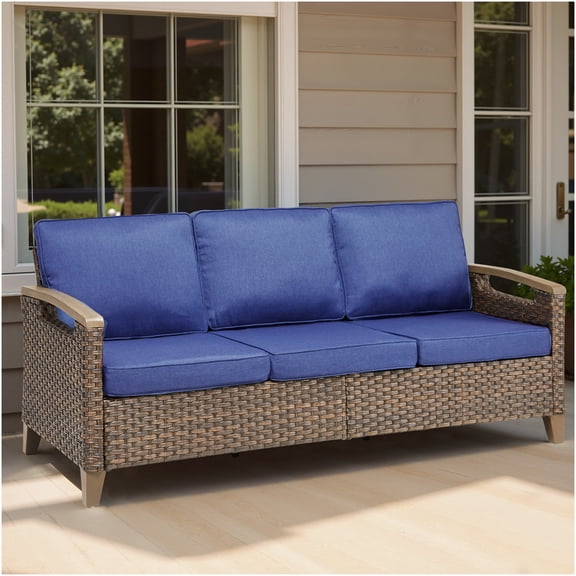 Outdoor Wicker Patio Sofa, 73.6 Inch Wide Deep Seating Couch with Blue Cushions for Porch and Garden Use
