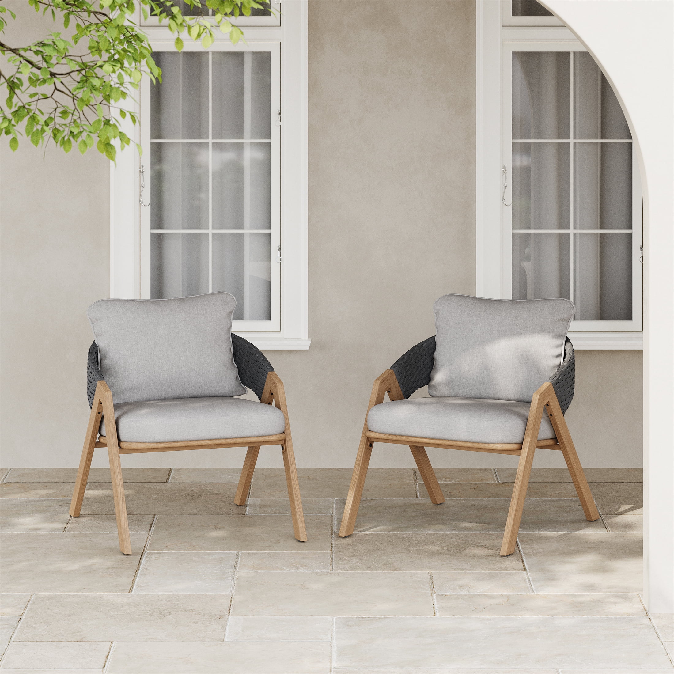 Outdoor Wicker Rattan Cushioned Patio Chairs Set of 2 for Deck Garden Porch, Light Teak
