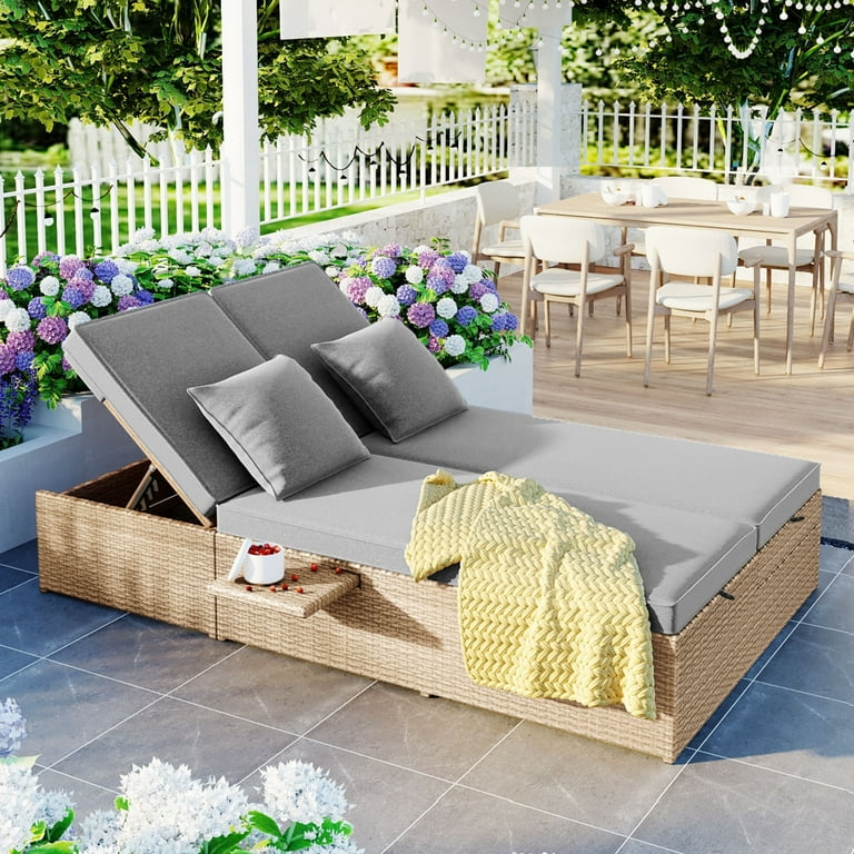 Outdoor Wicker Rattan Double Sunbed Patio Reclining Chairs with