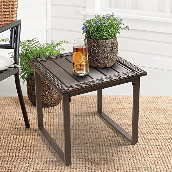 Outdoor Wicker Rattan Side End Tables for Patio, All Weather Small Square Patio Rattan Coffee Table, Outside Table for Porch Balcony Lawn Garden Bistro,