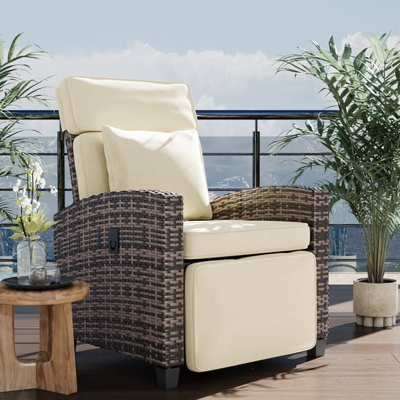 Outdoor Wicker Recliner Chair, Patio Lounge Chair with Adjustable Backrest & Flip-Up Side Table, Rattan Pool Sunbathing Recliners for Patio Poolside