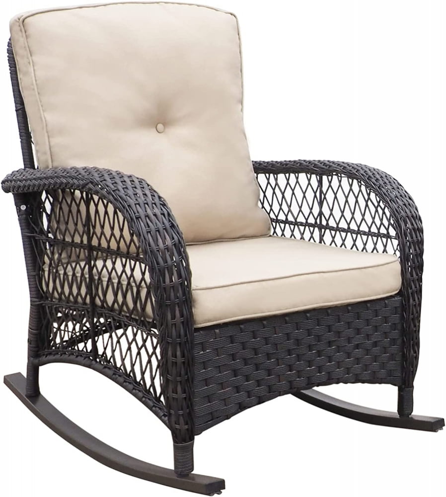 Outdoor Wicker Rocking Chair, Patio Rattan Rocker Chair with Cushions ...