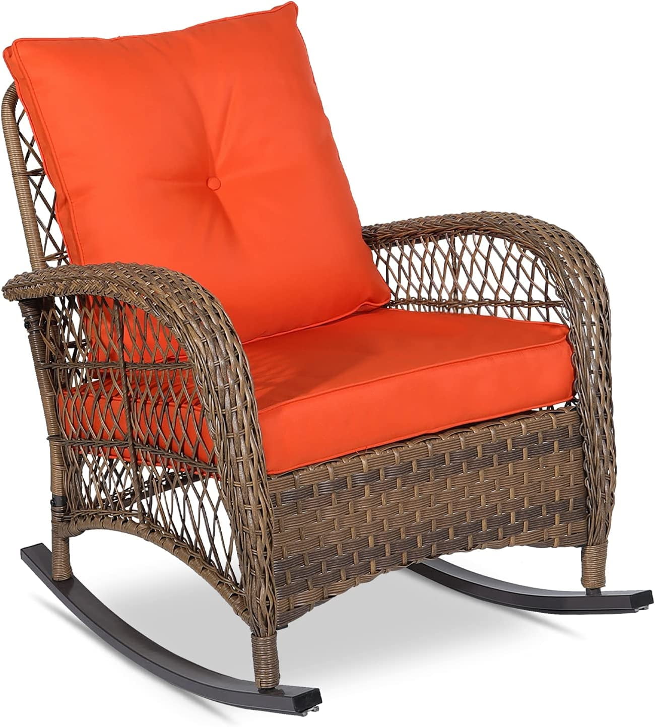 Outdoor Wicker Rocking Chair Patio Rattan Rocker with Cushions & Steel