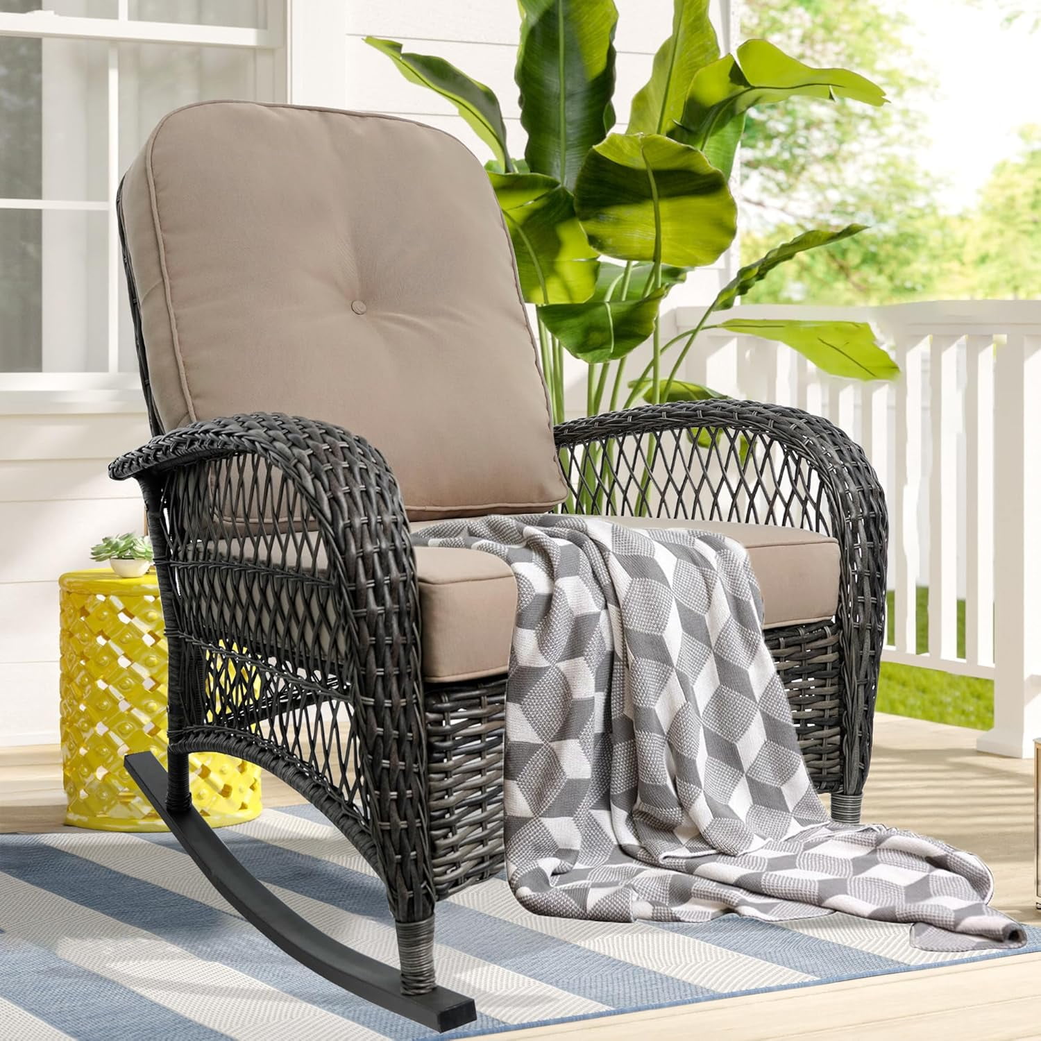 Outdoor Wicker Rocking Chair, Patio Rocking Chair with 4’’ Cushions ...