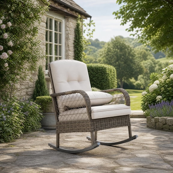 Outdoor Wicker Rocking Chair,  Rattan Rocker with Thick Cushion and Sturdy Steel Frame, All-Weather Resistant Wicker Furniture for Porch, Backyard, Garden & Patio