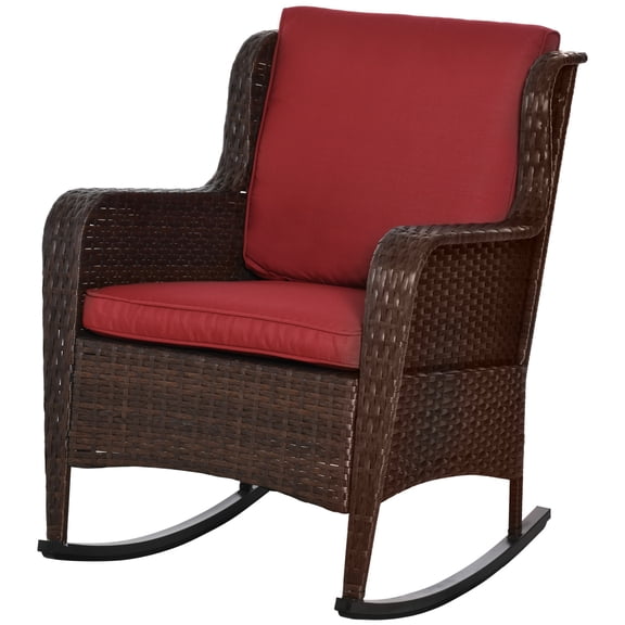Outdoor Wicker Rocking Chair, Rattan Rocker with Cushions, Patio Furniture for Garden, Wine Red