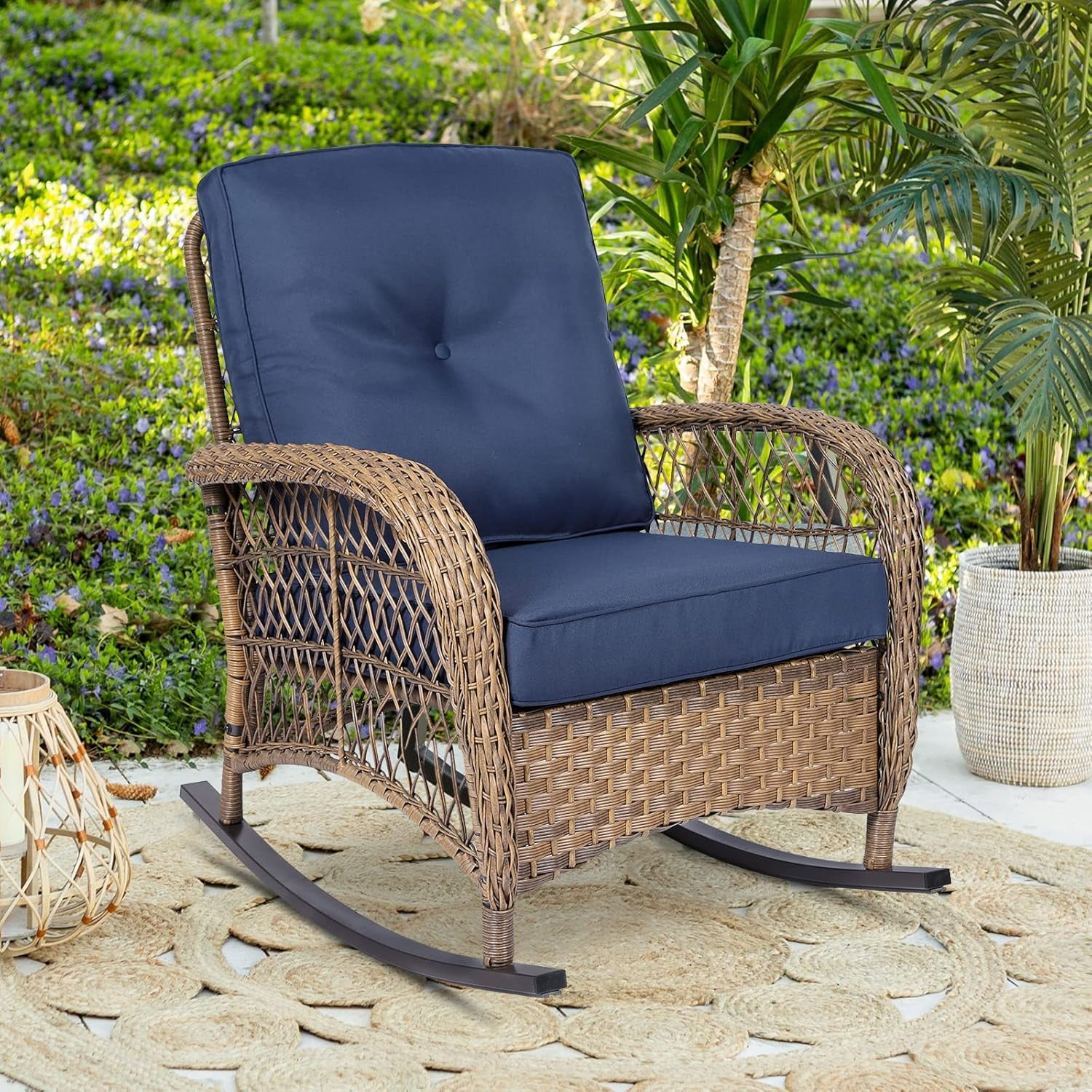 Outdoor Wicker Rocking Chair with Thickened Cushions, All-Weather ...
