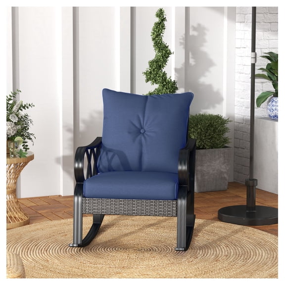 Outdoor Wicker Rocking Chairs 2-Piece Set, Rattan Patio Rockers with Cushions, Aluminum Frame for Garden, Porch, Blue