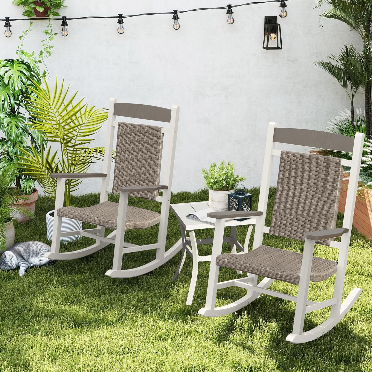 Outside Steel Rocker Outdoor Wicker Rocking Chairs Set of 3, 2 Chairs Made of Metal & Rattan ...