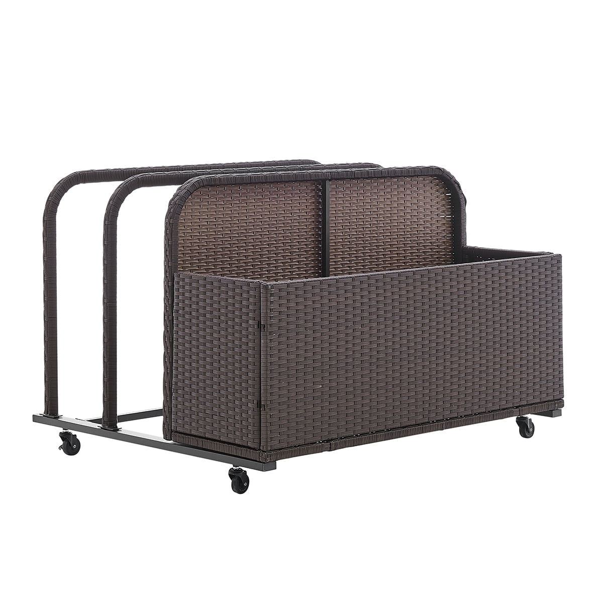 Dark Brown Wicker and Steel Outdoor Deck Box with Wheels