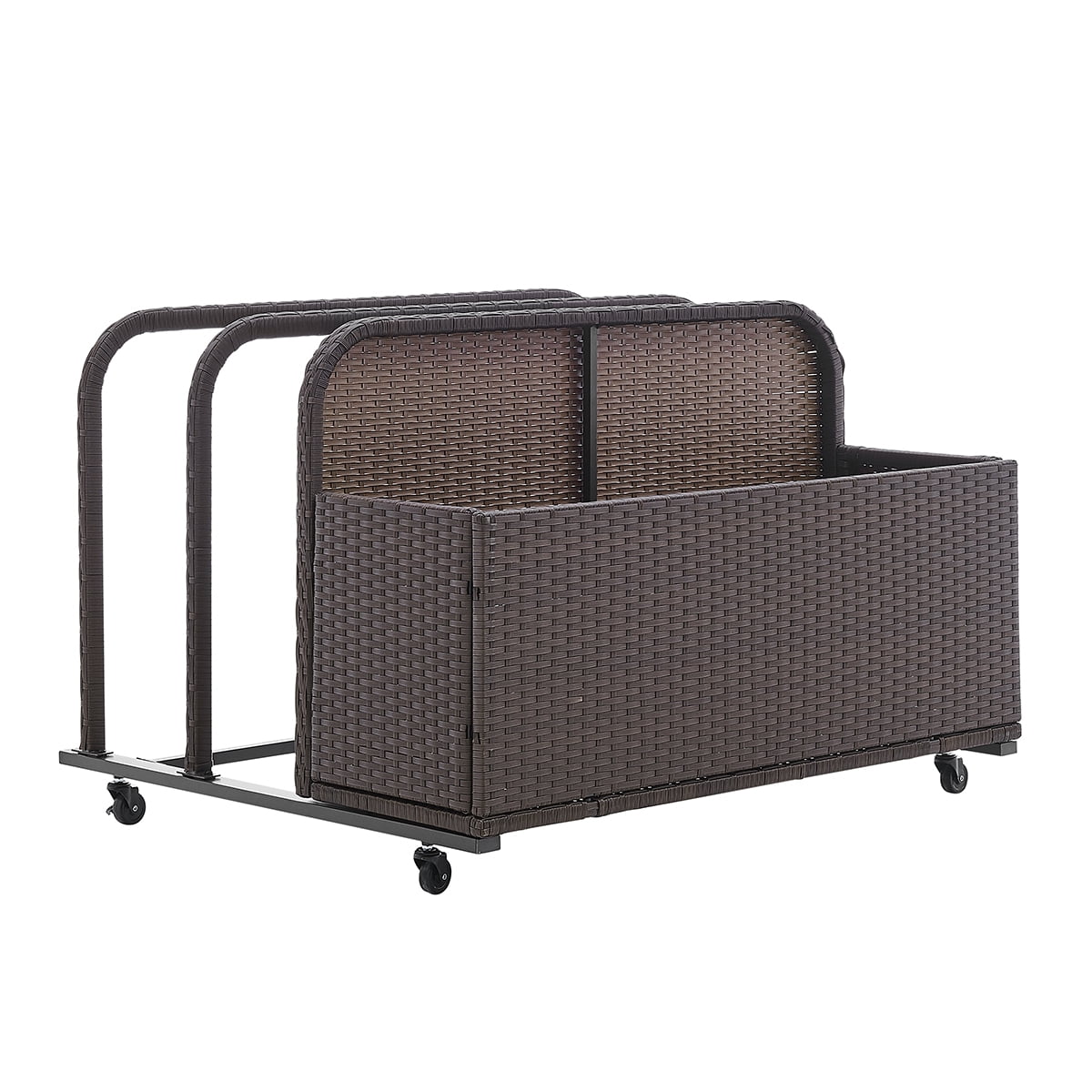 Dark Brown Wicker and Steel Outdoor Deck Box with Wheels