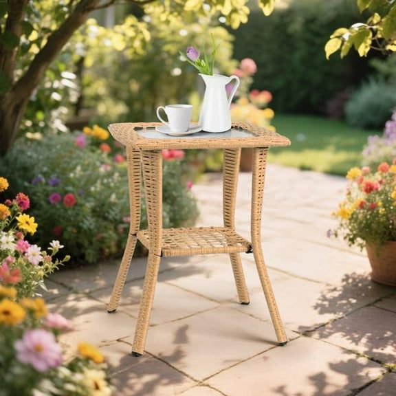 Outdoor Wicker Side Table, 2-Tier Design with Water Ripple Tempered Glass Top, Indoor/Outdoor Use for Garden, Porch, Balcony, Living Room