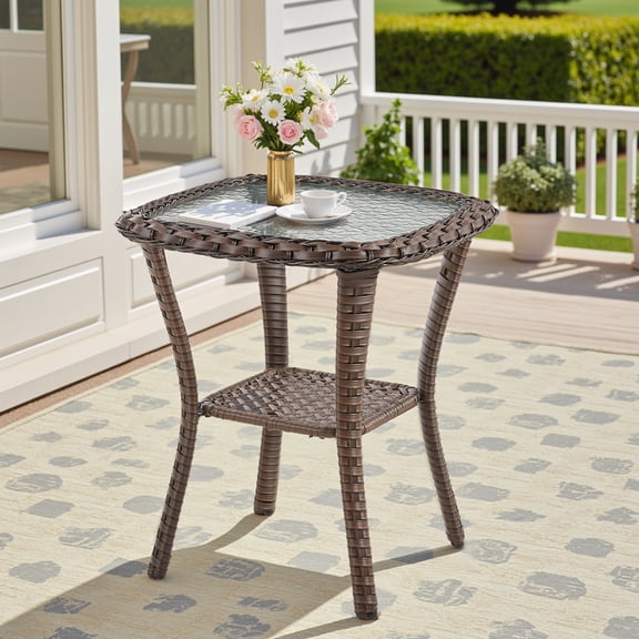 Outdoor Wicker Side Table,23x20x20 inch All Weather Rattan Small Patio Table Square End Table for Pool Balcony Deck Porch, Brown