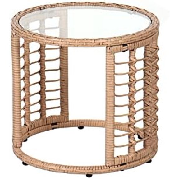 Outdoor Wicker Side Table, All-Weather Patio Rattan End Table with Glass Top, Round Coffee Table for Indoor Outdoor Backyard Lawn Balcony Pool$$Garden & Patio