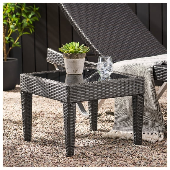 Outdoor Wicker Side Table - Grey Accent Table for Patio, Balcony, or Garden - 20"x20"x15" - Powder-Coated Iron Frame & Tempered Glass Top