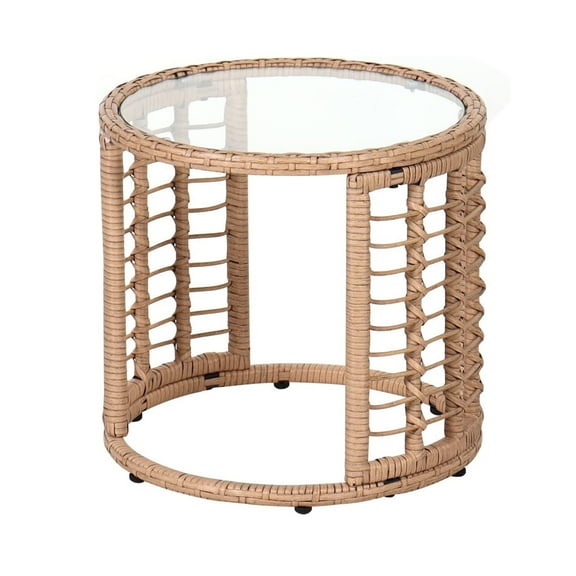 Outdoor Wicker Side Table, Patio End Table with Tempered Glass Top, All-Weather PE Rattan Round Coffee Table, Iron Frame, Beige