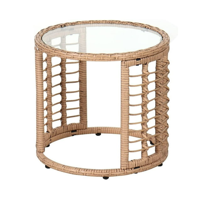 Outdoor Wicker Side Table, Patio End Table with Tempered Glass Top, All