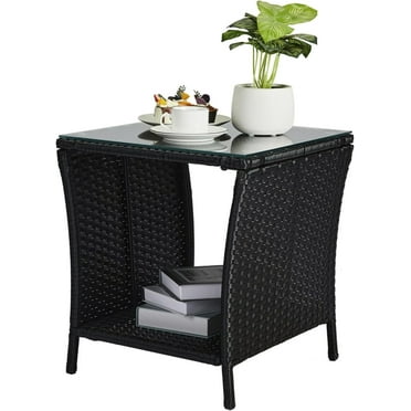 Outdoor Wicker Side Table Patio Side Tables for Outside, Tempered Glass Top Wicker Table with Storage End Table for Balcony Porch Deck (Brown)
