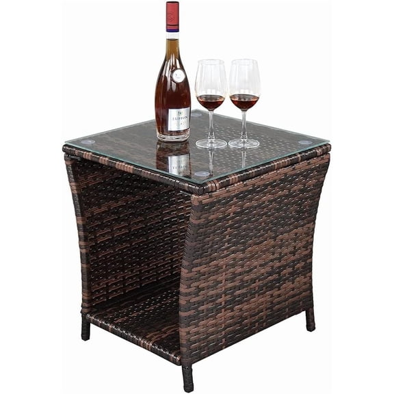 Outdoor Wicker Side Table Patio Side Tables for Outside, Tempered Glass Top Wicker Table with Storage End Table for Balcony Porch Deck (Brown)