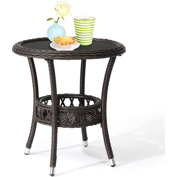 Outdoor Wicker Side Table, Patio Side Tables for Outside Tempered Glass Top Wicker Table with Storage End Table for Balcony Porch Deck (Dark Brown)
