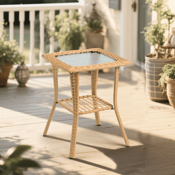Outdoor Wicker Side Table, Rattan End Table with Glass Top, Patio Coffee Bistro Table for Indoor Garden Porch Balcony, Beige