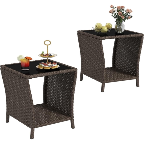 Outdoor Wicker Side Table - Set of 2 Tempered Glass Top Small Outdoor Table with Storage Shelf for Patio, Balcony & Porch, Durable PE Rattan & Iron Frame
