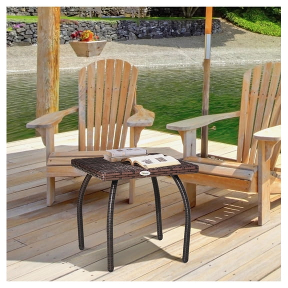 Outdoor Wicker Side Table, Small Rattan End Table, Patio Coffee Table, All-Weather PE Wicker, Square Garden Balcony Table, Brown