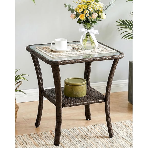 Outdoor Wicker Side Table with Tempered Glass Top, 2-Tier Rattan Patio End Table with Storage Shelf, All-Weather Brown Wicker Bistro Table for Porch, Balcony, Backyard, Poolside