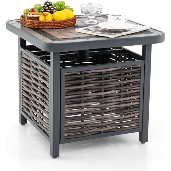 Outdoor Wicker Side Table with Umbrella Hole, PE Rattan Square Coffee Table with Resin Top, Metal Frame, Small End Side Table for Garden, Yard, Poolside, Deck
