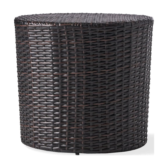 Outdoor Wicker Side Table With Powder-Coated Iron Frame Barrel Design No Assembly Required For Patio Backyard