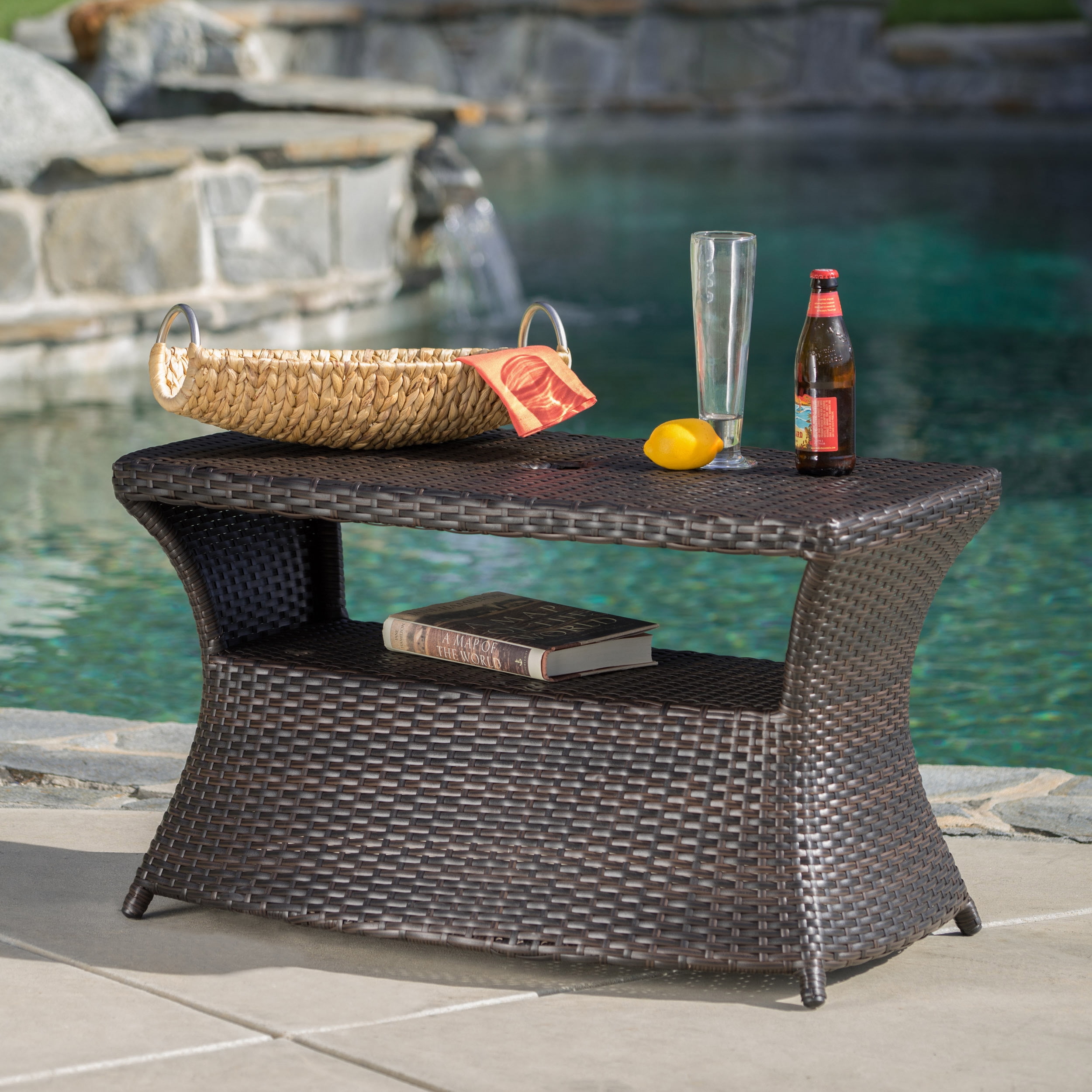 Outdoor Wicker Side Table for Chaise Lounge, Matching Decor End Table for Patio Garden, Multi Brown