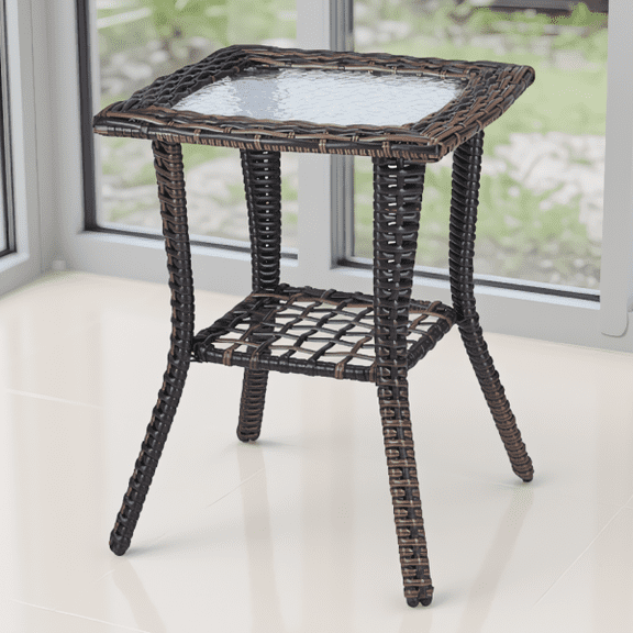 Outdoor Wicker Side Table with Water Ripple Tempered Glass Top, 2-Tier Storage, Brown, 17.9 x 22.6 in