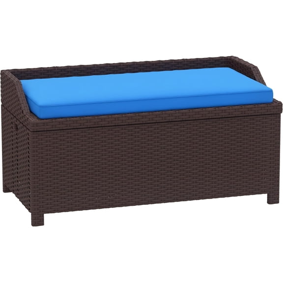 Outdoor Wicker Storage Bench Deck Box, PE Rattan Patio Furniture Pool Storage Bin Container with Interior Waterproof Cloth Bag and Comfortable Cushion, Navy Blue