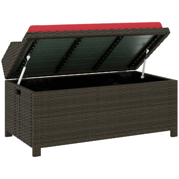 Outdoor Wicker Storage Bench with Storage & Cushion, Red