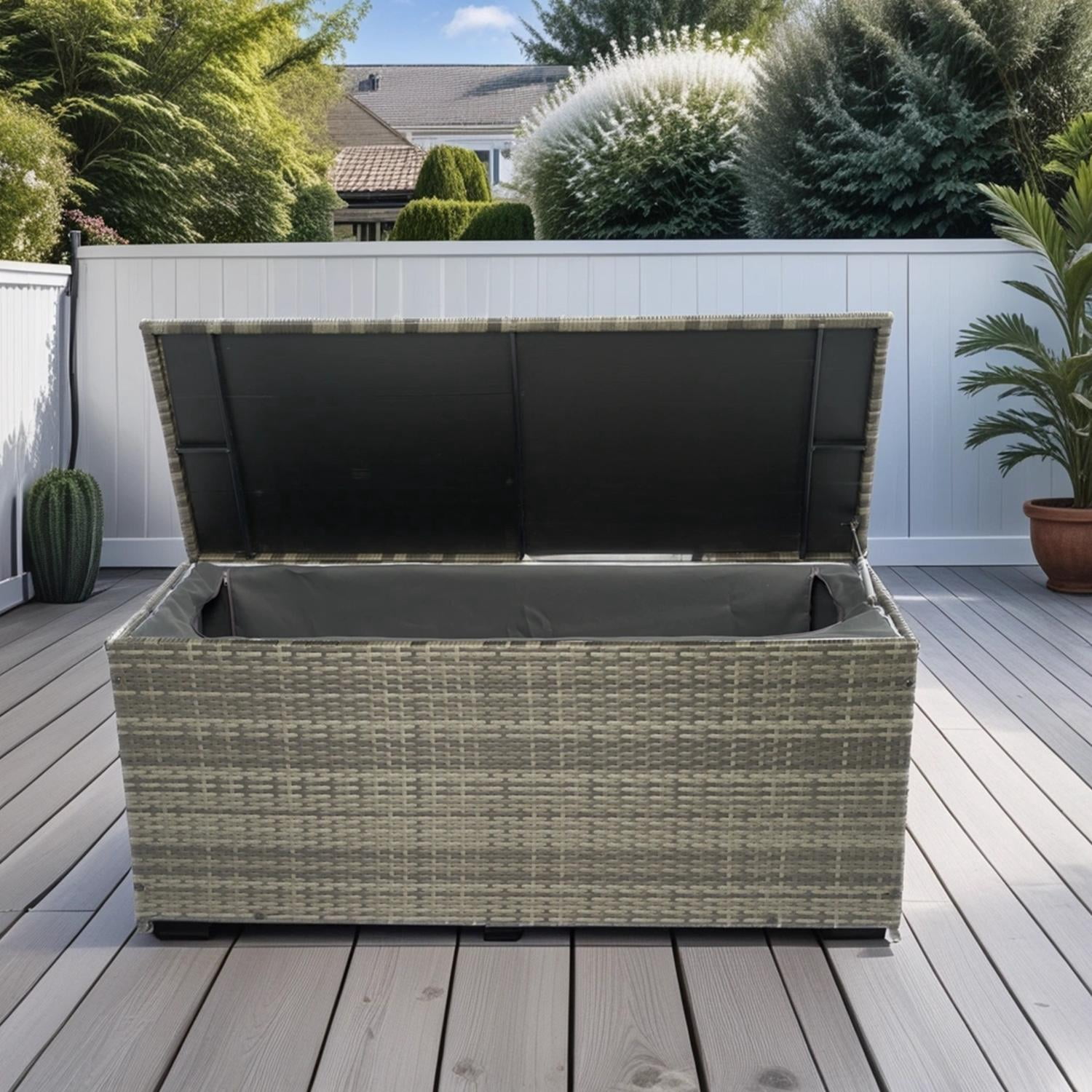 Outdoor Wicker Storage Box, 113 Gallon Patio Deck Box with Lid, Rattan Waterproof Storage for Cushions, Towels, Garden Poolside, Extra Large, Grey