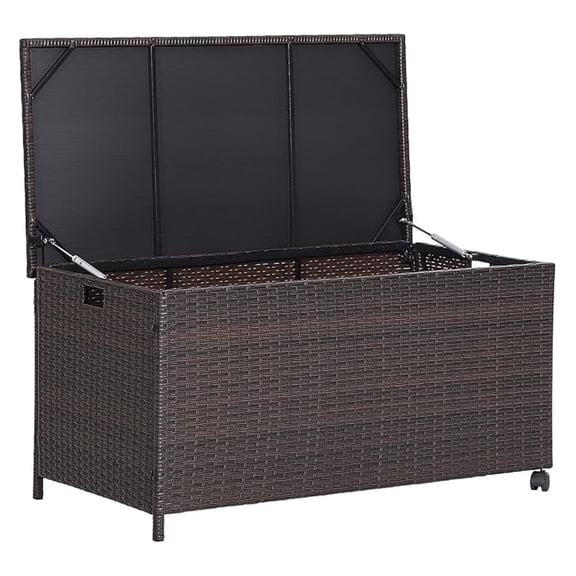 Outdoor Wicker Storage Box - 50 Gallon PE Rattan Storage Container with Lid, Waterproof Liner, Universal Wheels, Deck Storage for Pillows, Cushions, Gardening Tools, Mix Brown