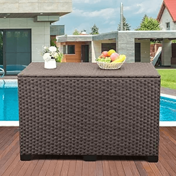 Outdoor Wicker Storage Box, Big Size,Resin Brown Rattan Deck Bin with Lid, 150 Gallon,Water-resistant Liner Container for Patio Gardening Tools, Cushions, Pool Accessory,Pillows