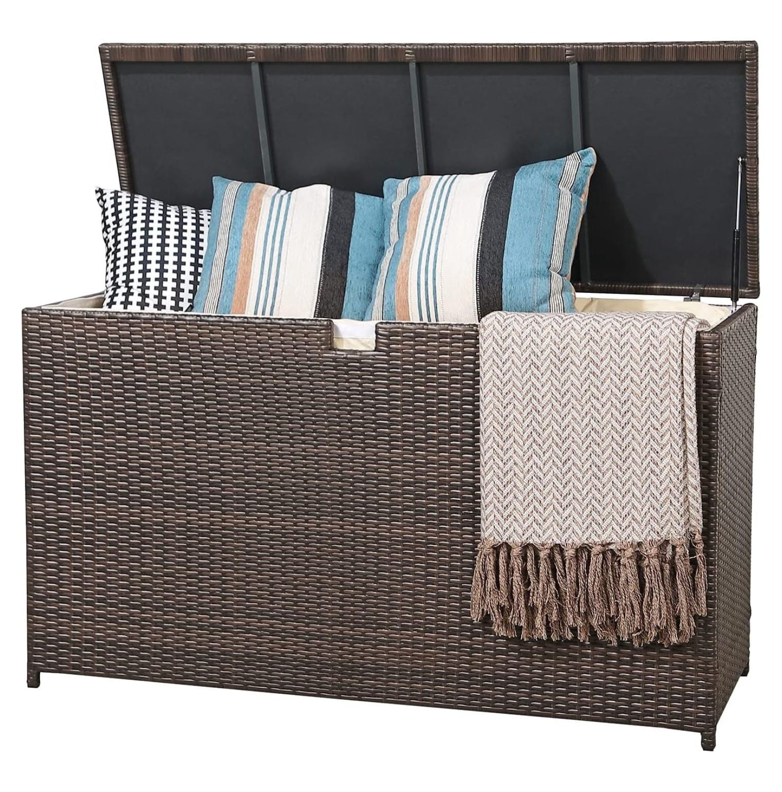 Outdoor Wicker Storage Box, Garden Deck Bin with Aluminum Frame, Patio ...