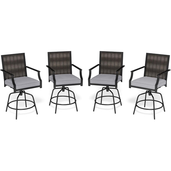 Outdoor Wicker Swivel Bar Stools Set of 4, Counter Height Heavy Duty Metal Patio Bar Chairs with Back, Armrests and Cushion, for Deck, Garden, Pool and Backyard (2)