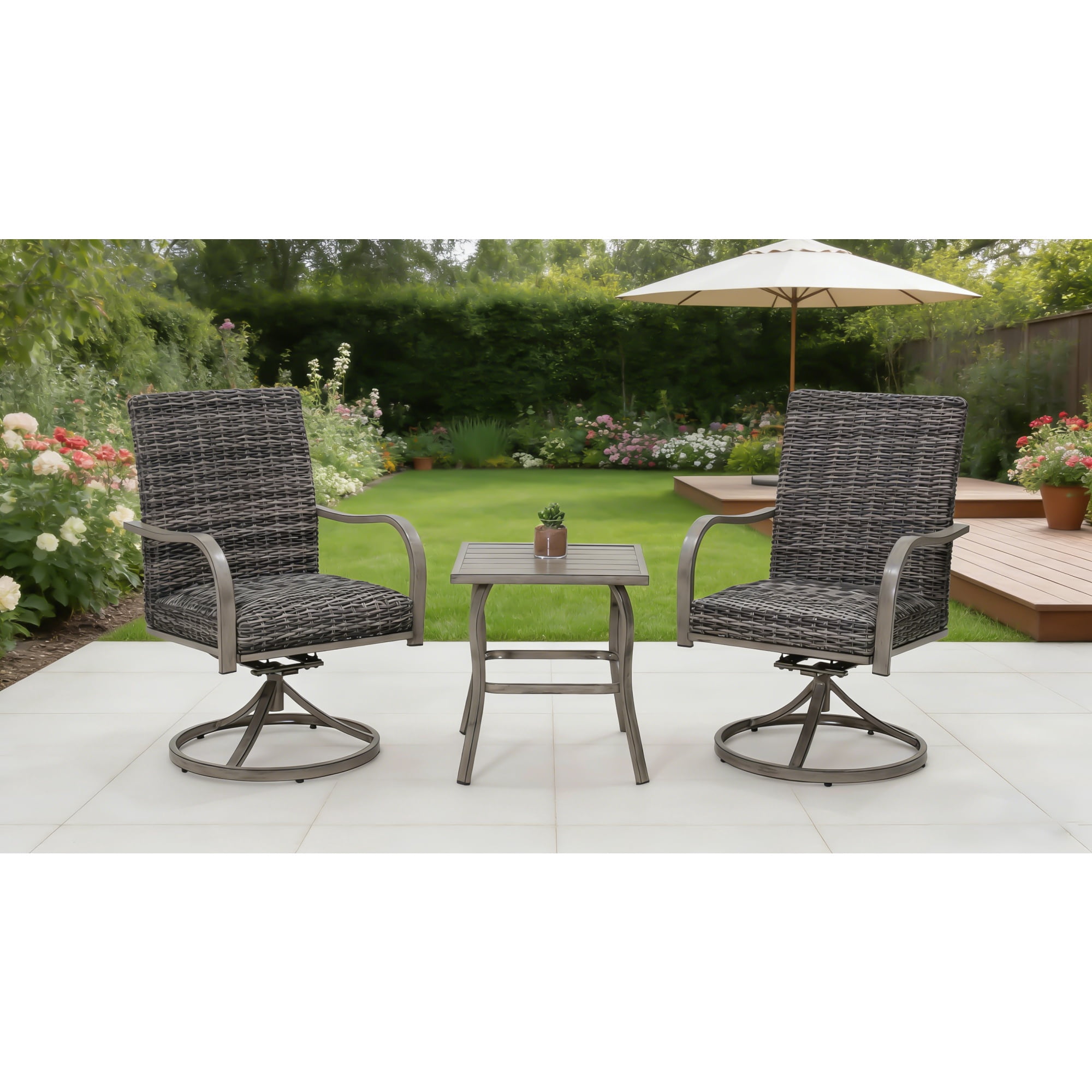 Outdoor Wicker Swivel Dining Chair Set of 2, 360° Swivel Rattan Patio Chairs with All-Weather Wicker & Iron Frame for Garden, Deck, Porch, Grey