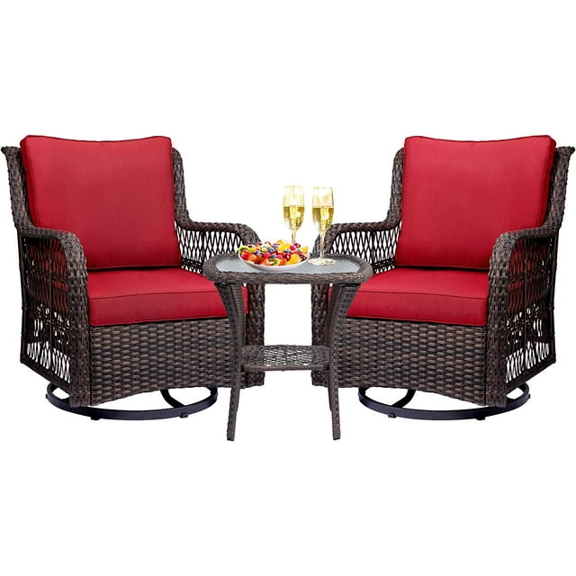 Outdoor Wicker Swivel Rocker Patio Set,360 Degree Swivel Rocking Chairs Elegant Wicker Patio Bistro Set with Premuim Cushions and Armored Glass Top Side Table for Backyard