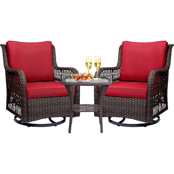Outdoor Wicker Swivel Rocker Patio Set,360 Degree Swivel Rocking Chairs Elegant Wicker Patio Bistro Set with Premuim Cushions and Armored Glass Top Side Table for Backyard