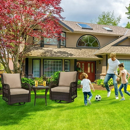 Outdoor Wicker Swivel Rocker Patio Set,360 Degree Swivel Rocking Chairs Elegant Wicker Patio Bistro Set with Premuim Cushions and Armored Glass Top Side Table for Backyard